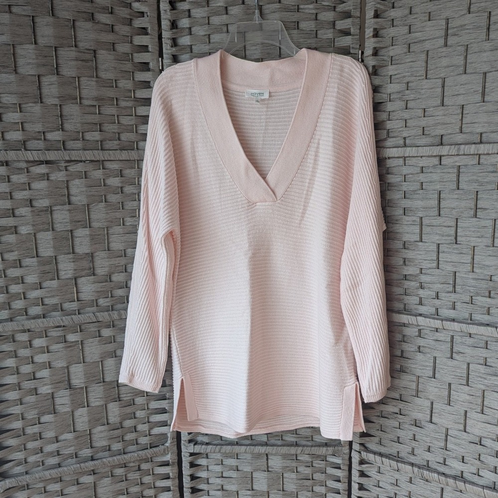 Haven Well Within V-Neck Tunic Sweater Pink Ribbed Knit Cotton Cashmere Sz XL